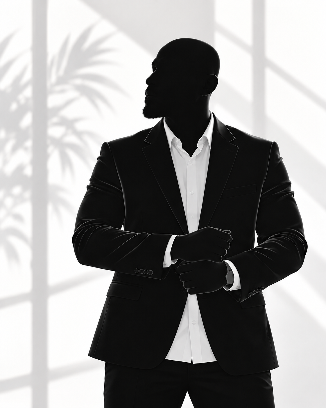 Bearded blacked-out silhouette of Teague in a suit