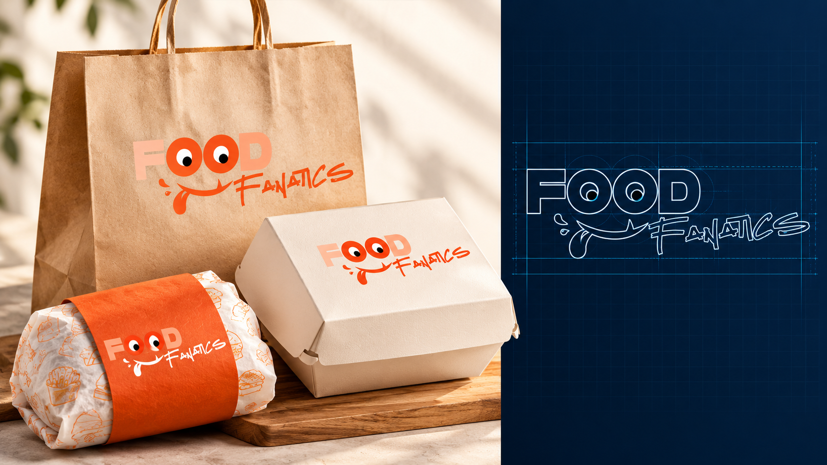 Food Fanatics mockup and blueprint-style logo study
