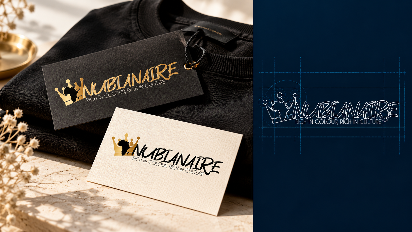 Nubianaire mockup and blueprint-style logo study
